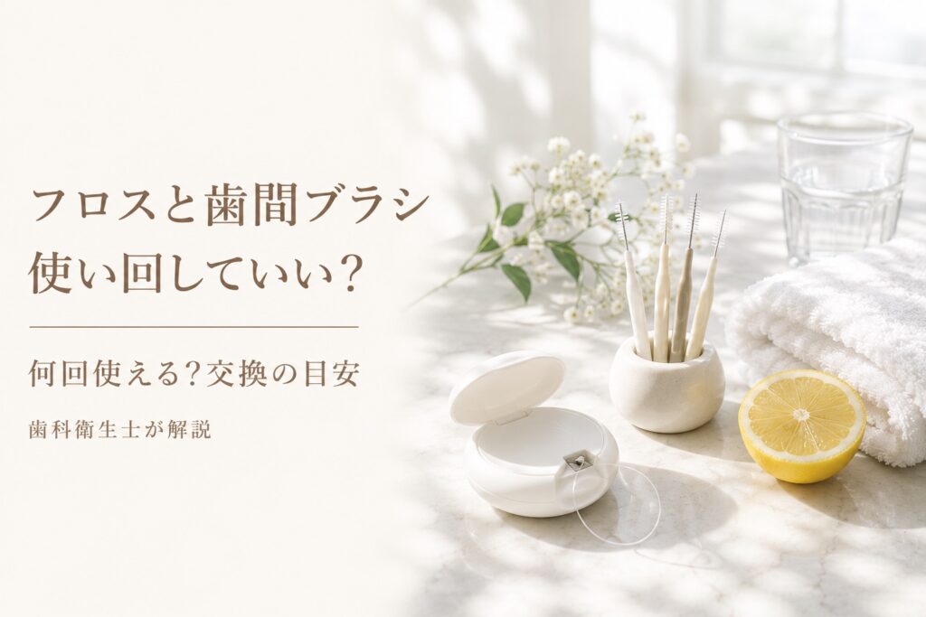 白い大理石の上に置かれたデンタルフロスのケースと、陶器のスタンドに立てた歯間ブラシ4本、レモン、タオル
