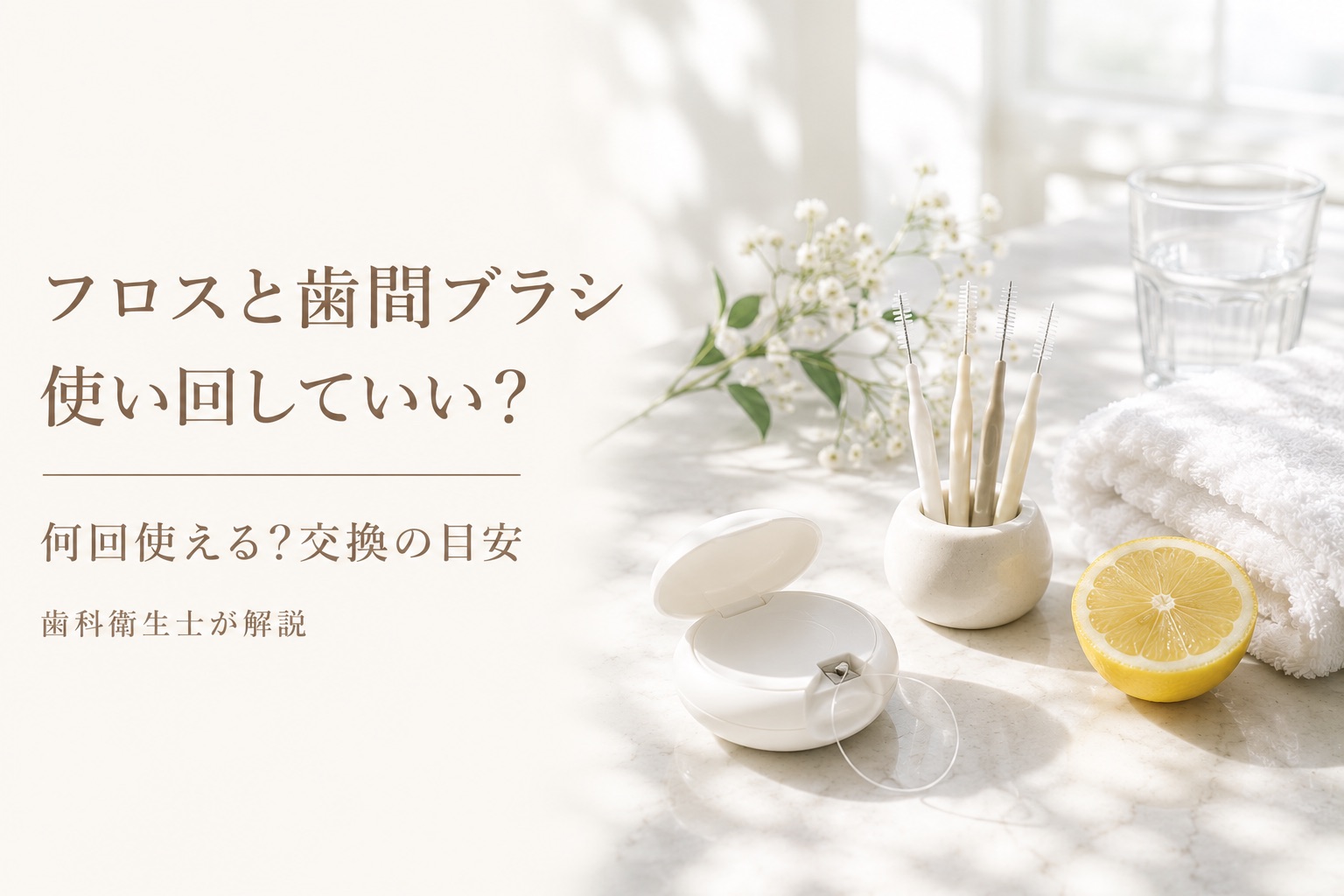 白い大理石の上に置かれたデンタルフロスのケースと、陶器のスタンドに立てた歯間ブラシ4本、レモン、タオル